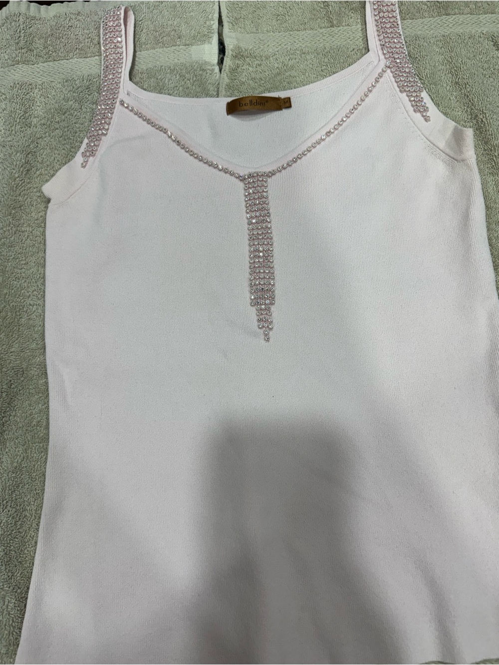 Belldini sleeveless Pink tank top features sparkling rhinestone trim (CL-5)